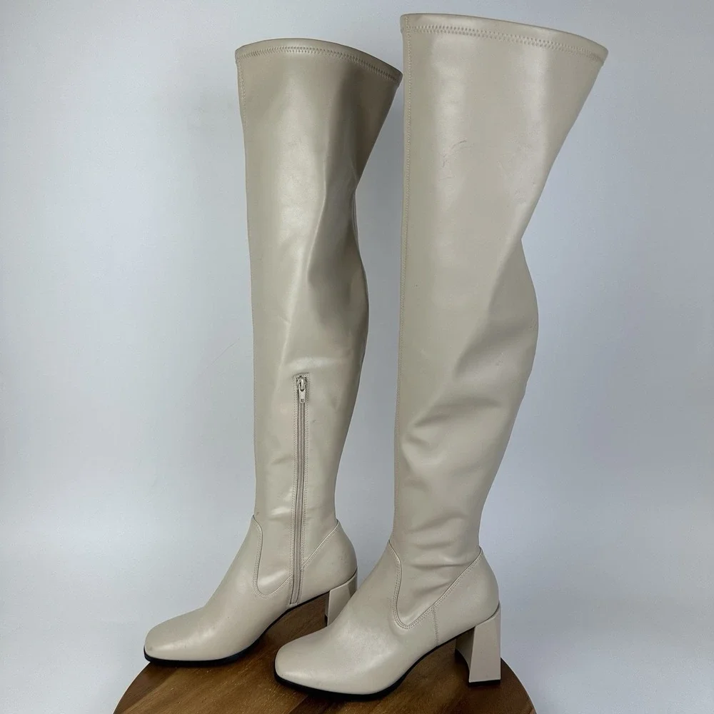 New Womens Open Edit Briar Cream Faux Leather Over The Knee Heeled Boots Size 9